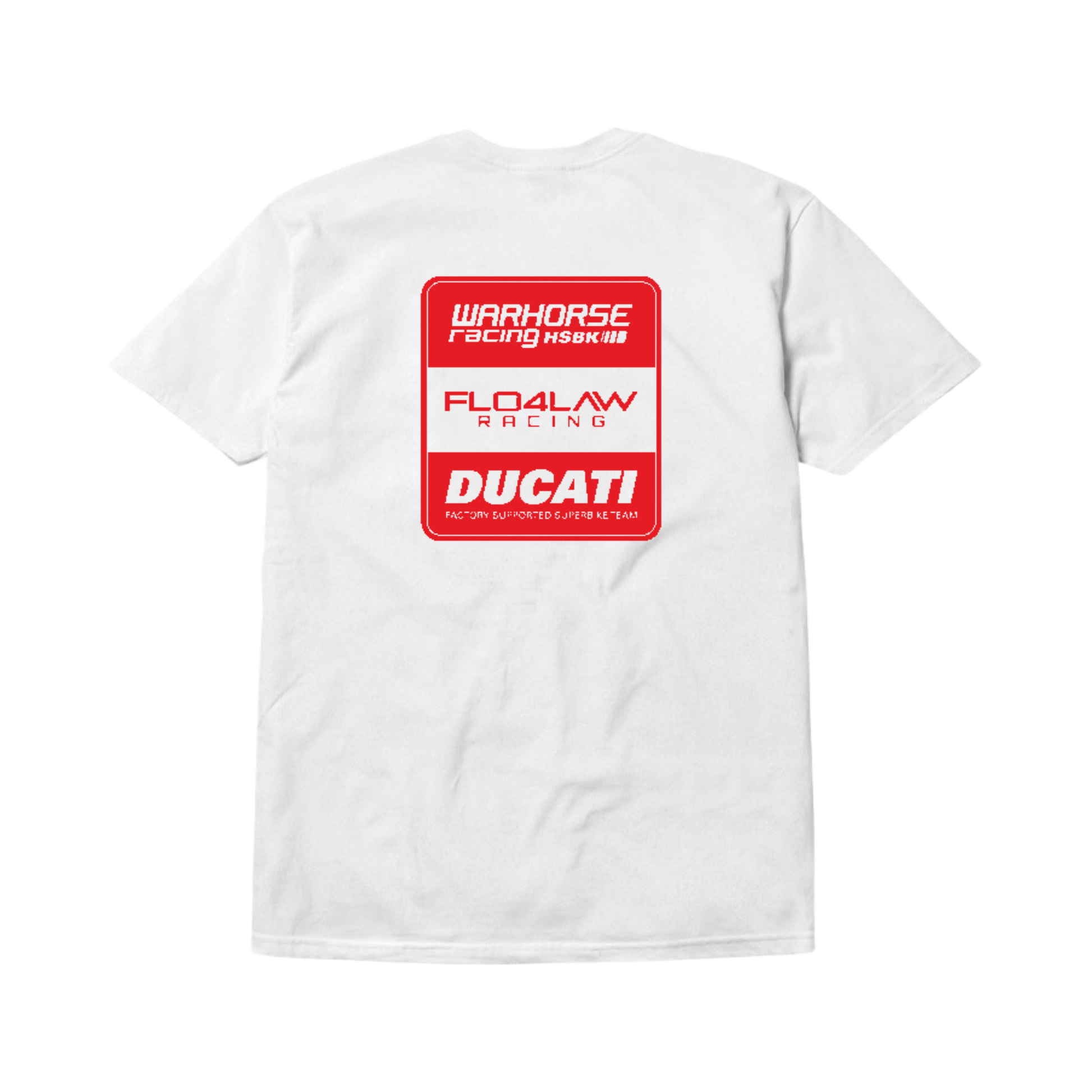 White t-shirt with Ducati logo on the back against a white background