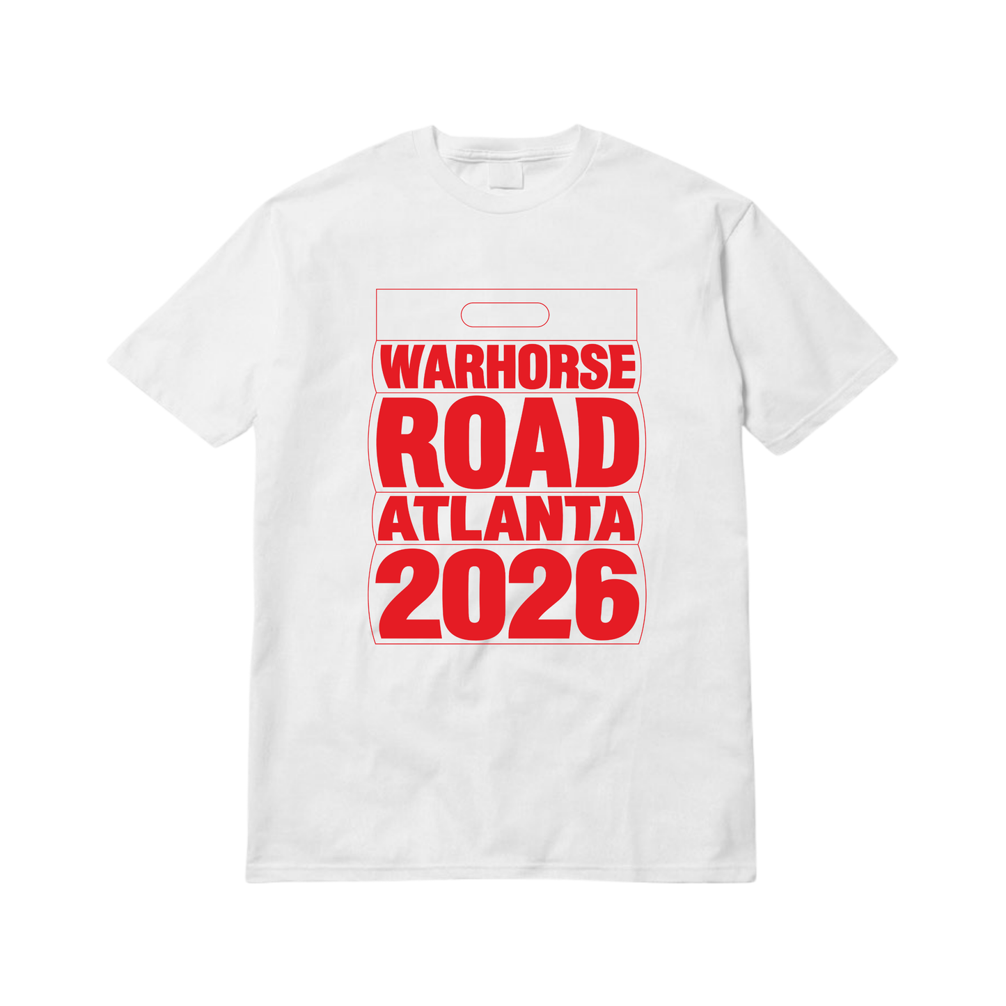 White t-shirt with red text 'Warhorse Road Atlanta 2026' on a white background