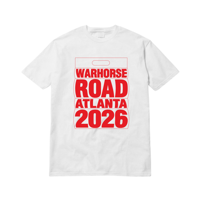 White t-shirt with red text 'Warhorse Road Atlanta 2026' on a white background